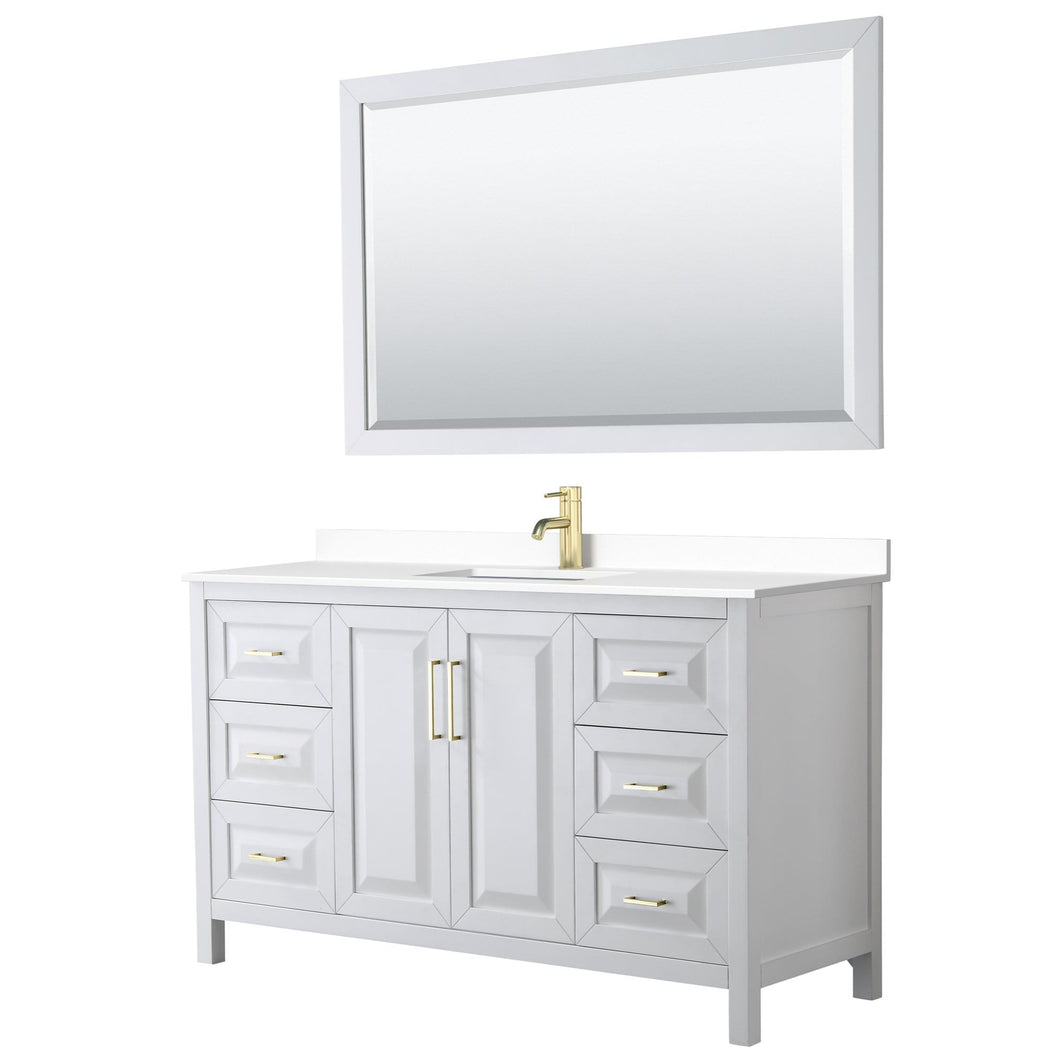 Wyndham Collection Vanity Wyndham Collection WCV252560SWGWCUNSM58 Daria 60 Inch Single Bathroom Vanity in White, White Cultured Marble Countertop, Undermount Square Sink, 58 Inch Mirror, Brushed Gold Trim