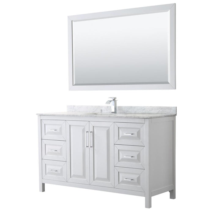 Wyndham Collection Vanity Wyndham Collection WCV252560SWHCMUNSM58 Daria 60 Inch Single Bathroom Vanity in White, White Carrara Marble Countertop, Undermount Square Sink, and 58 Inch Mirror