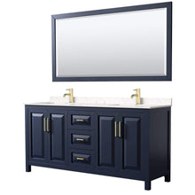 Load image into Gallery viewer, Wyndham Collection Vanity Wyndham Collection WCV252572DBLC2UNSM70 Daria 72 Inch Double Bathroom Vanity in Dark Blue, Light-Vein Carrara Cultured Marble Countertop, Undermount Square Sinks, 70 Inch Mirror