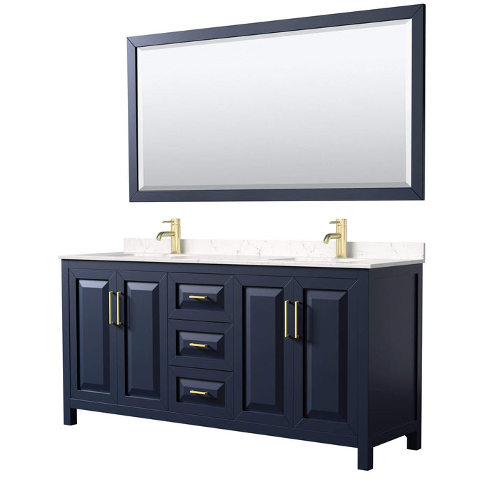 Wyndham Collection Vanity Wyndham Collection WCV252572DBLC2UNSM70 Daria 72 Inch Double Bathroom Vanity in Dark Blue, Light-Vein Carrara Cultured Marble Countertop, Undermount Square Sinks, 70 Inch Mirror