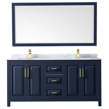Load image into Gallery viewer, Wyndham Collection Vanity Wyndham Collection WCV252572DBLCMUNSM70 Daria 72 Inch Double Bathroom Vanity in Dark Blue, White Carrara Marble Countertop, Undermount Square Sinks, 70 Inch Mirror