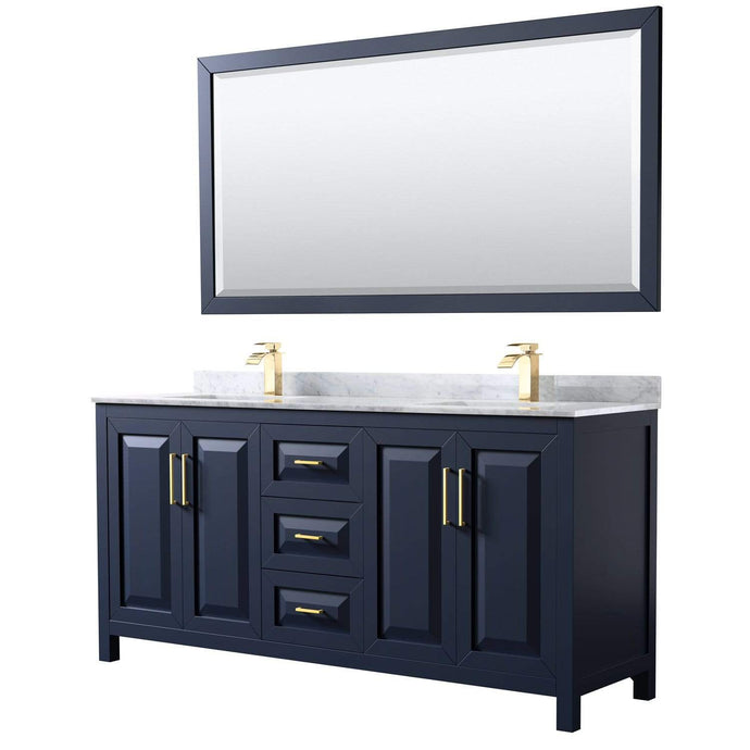 Wyndham Collection Vanity Wyndham Collection WCV252572DBLCMUNSM70 Daria 72 Inch Double Bathroom Vanity in Dark Blue, White Carrara Marble Countertop, Undermount Square Sinks, 70 Inch Mirror