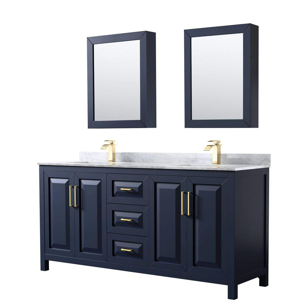 Wyndham Collection Vanity Wyndham Collection WCV252572DBLCMUNSMED Daria 72 Inch Double Bathroom Vanity in Dark Blue, White Carrara Marble Countertop, Undermount Square Sinks, Medicine Cabinets