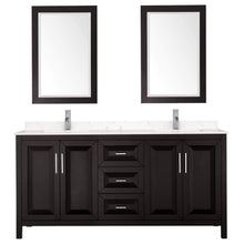Load image into Gallery viewer, Wyndham Collection Vanity Wyndham Collection WCV252572DDEC2UNSM24 Daria 72 Inch Double Bathroom Vanity in Dark Espresso, Light-Vein Carrara Cultured Marble Countertop, Undermount Square Sinks, 24 Inch Mirrors