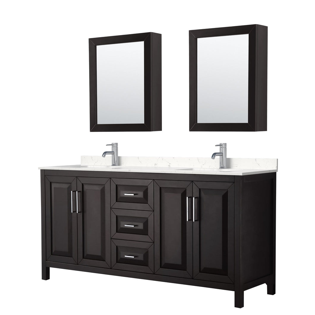 Wyndham Collection Vanity Wyndham Collection WCV252572DDEC2UNSMED Daria 72 Inch Double Bathroom Vanity in Dark Espresso, Light-Vein Carrara Cultured Marble Countertop, Undermount Square Sinks, Medicine Cabinets