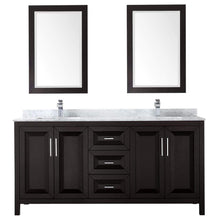 Load image into Gallery viewer, Wyndham Collection Vanity Wyndham Collection WCV252572DDECMUNSM24 Daria 72 Inch Double Bathroom Vanity in Dark Espresso, White Carrara Marble Countertop, Undermount Square Sinks, and 24 Inch Mirrors