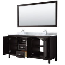 Load image into Gallery viewer, Wyndham Collection Vanity Wyndham Collection WCV252572DDECMUNSM70 Daria 72 Inch Double Bathroom Vanity in Dark Espresso, White Carrara Marble Countertop, Undermount Square Sinks, and 70 Inch Mirror