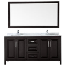 Load image into Gallery viewer, Wyndham Collection Vanity Wyndham Collection WCV252572DDECMUNSM70 Daria 72 Inch Double Bathroom Vanity in Dark Espresso, White Carrara Marble Countertop, Undermount Square Sinks, and 70 Inch Mirror