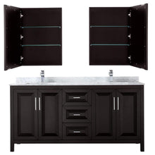 Load image into Gallery viewer, Wyndham Collection Vanity Wyndham Collection WCV252572DDECMUNSMED Daria 72 Inch Double Bathroom Vanity in Dark Espresso, White Carrara Marble Countertop, Undermount Square Sinks, and Medicine Cabinets