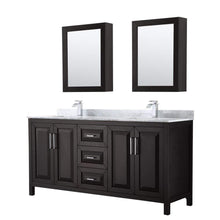 Load image into Gallery viewer, Wyndham Collection Vanity Wyndham Collection WCV252572DDECMUNSMED Daria 72 Inch Double Bathroom Vanity in Dark Espresso, White Carrara Marble Countertop, Undermount Square Sinks, and Medicine Cabinets