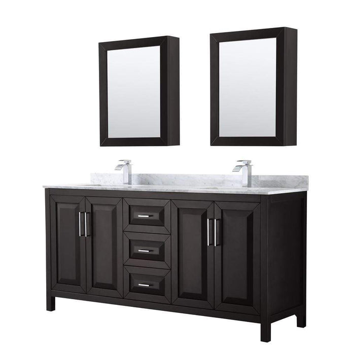 Wyndham Collection Vanity Wyndham Collection WCV252572DDECMUNSMED Daria 72 Inch Double Bathroom Vanity in Dark Espresso, White Carrara Marble Countertop, Undermount Square Sinks, and Medicine Cabinets