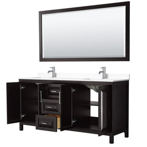 Wyndham Collection Vanity Wyndham Collection WCV252572DDEWCUNSM70 Daria 72 Inch Double Bathroom Vanity in Dark Espresso, White Cultured Marble Countertop, Undermount Square Sinks, 70 Inch Mirror