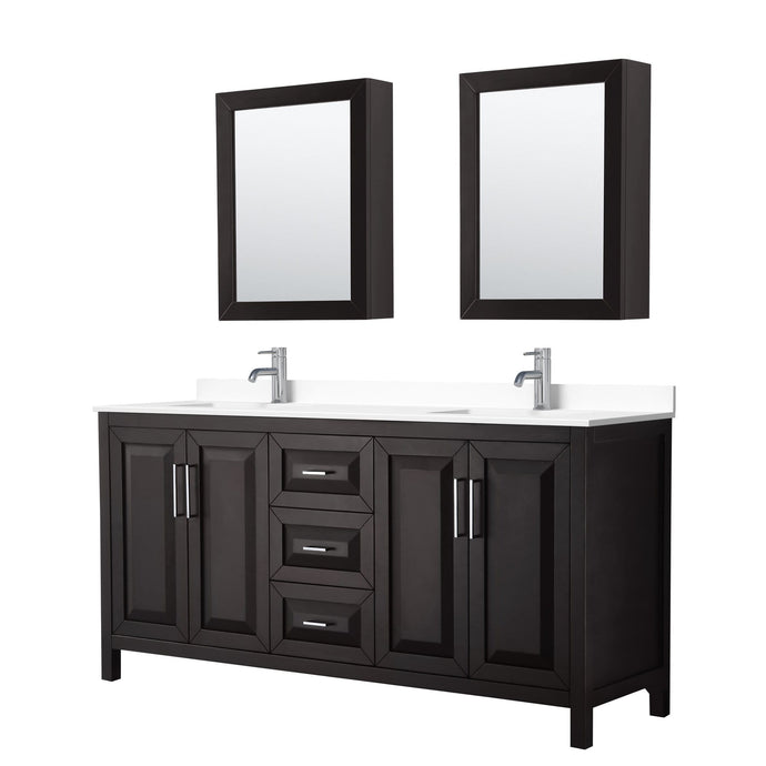 Wyndham Collection Vanity Wyndham Collection WCV252572DDEWCUNSMED Daria 72 Inch Double Bathroom Vanity in Dark Espresso, White Cultured Marble Countertop, Undermount Square Sinks, Medicine Cabinets