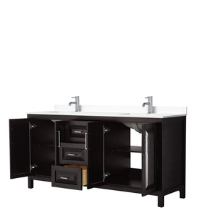 Wyndham Collection Vanity Wyndham Collection WCV252572DDEWCUNSMXX Daria 72 Inch Double Bathroom Vanity in Dark Espresso, White Cultured Marble Countertop, Undermount Square Sinks, No Mirror