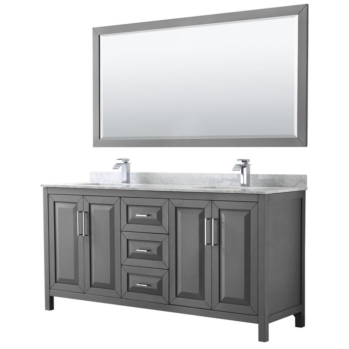 Wyndham Collection Vanity Wyndham Collection WCV252572DKGCMUNSM70 Daria 72 Inch Double Bathroom Vanity in Dark Gray, White Carrara Marble Countertop, Undermount Square Sinks, and 70 Inch Mirror