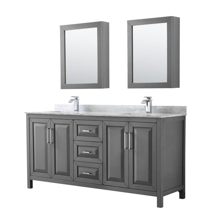 Wyndham Collection Vanity Wyndham Collection WCV252572DKGCMUNSMED Daria 72 Inch Double Bathroom Vanity in Dark Gray, White Carrara Marble Countertop, Undermount Square Sinks, and Medicine Cabinets