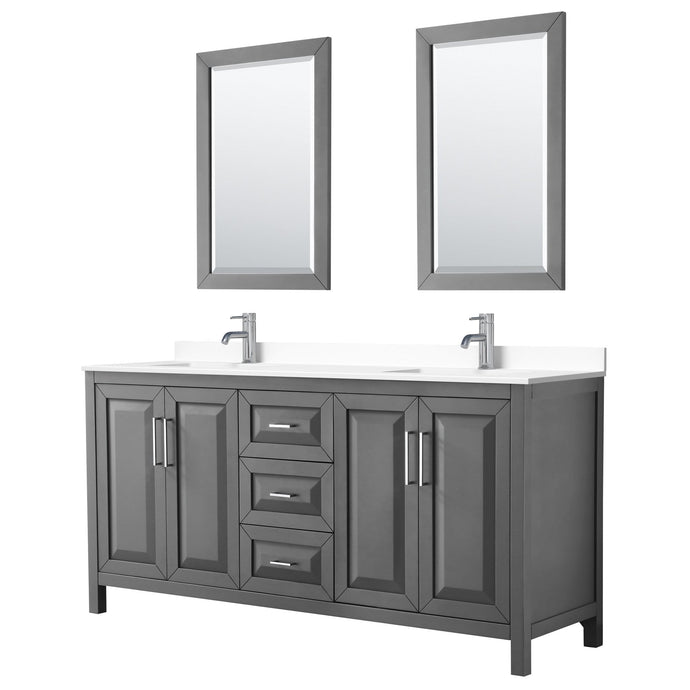 Wyndham Collection Vanity Wyndham Collection WCV252572DKGWCUNSM24 Daria 72 Inch Double Bathroom Vanity in Dark Gray, White Cultured Marble Countertop, Undermount Square Sinks, 24 Inch Mirrors