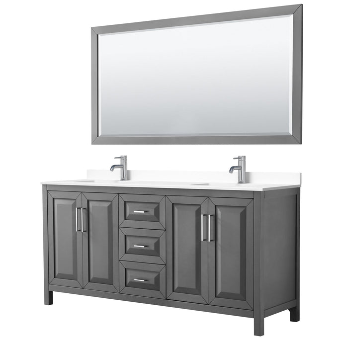 Wyndham Collection Vanity Wyndham Collection WCV252572DKGWCUNSM70 Daria 72 Inch Double Bathroom Vanity in Dark Gray, White Cultured Marble Countertop, Undermount Square Sinks, 70 Inch Mirror