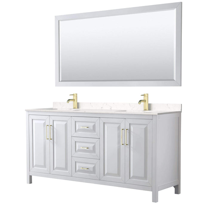 Wyndham Collection Vanity Wyndham Collection WCV252572DWGC2UNSM70 Daria 72 Inch Double Bathroom Vanity in White, Light-Vein Carrara Cultured Marble Countertop, Undermount Square Sinks, 70 Inch Mirror, Brushed Gold Trim