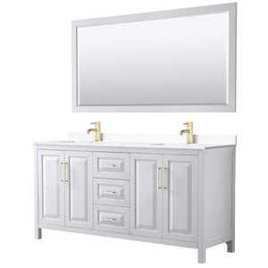 Wyndham Collection Vanity Wyndham Collection WCV252572DWGWCUNSM70 Daria 72 Inch Double Bathroom Vanity in White, White Cultured Marble Countertop, Undermount Square Sinks, 70 Inch Mirror, Brushed Gold Trim