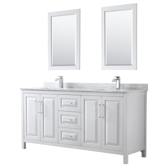 Wyndham Collection Vanity Wyndham Collection WCV252572DWHCMUNSM24 Daria 72 Inch Double Bathroom Vanity in White, White Carrara Marble Countertop, Undermount Square Sinks, and 24 Inch Mirrors