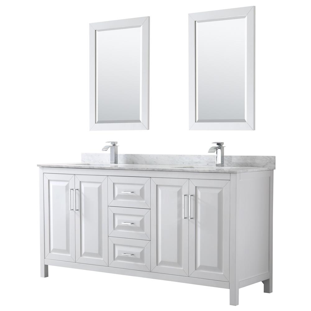 Wyndham Collection Vanity Wyndham Collection WCV252572DWHCMUNSM24 Daria 72 Inch Double Bathroom Vanity in White, White Carrara Marble Countertop, Undermount Square Sinks, and 24 Inch Mirrors