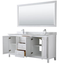 Load image into Gallery viewer, Wyndham Collection Vanity Wyndham Collection WCV252572DWHCMUNSM70 Daria 72 Inch Double Bathroom Vanity in White, White Carrara Marble Countertop, Undermount Square Sinks, and 70 Inch Mirror