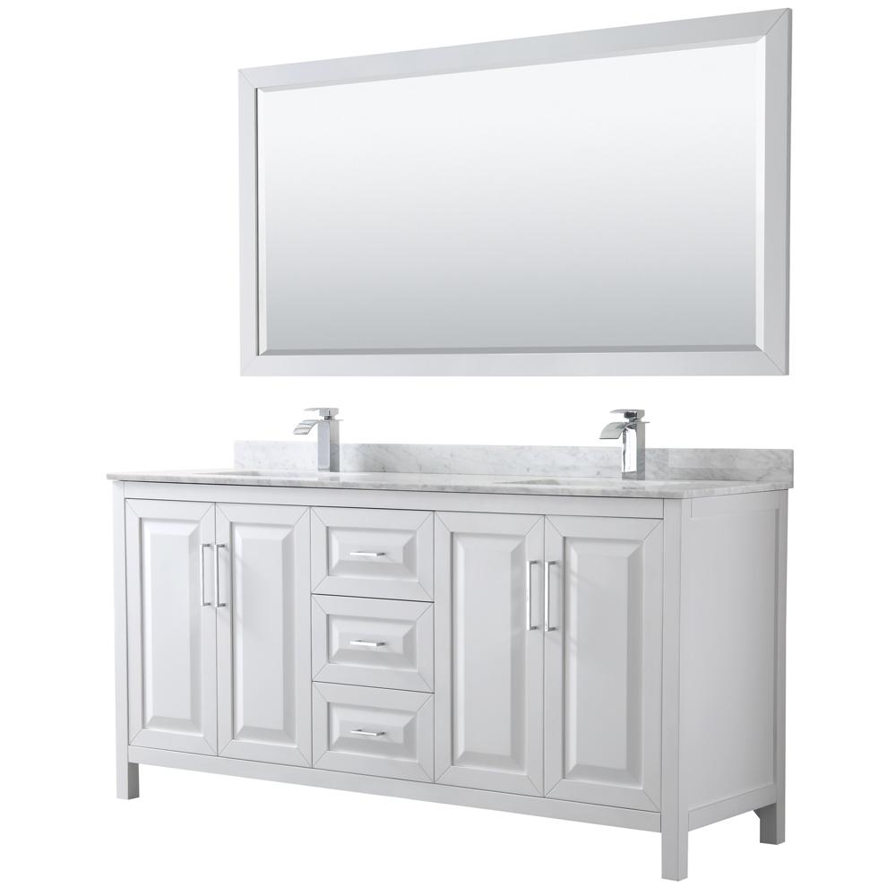 Wyndham Collection Vanity Wyndham Collection WCV252572DWHCMUNSM70 Daria 72 Inch Double Bathroom Vanity in White, White Carrara Marble Countertop, Undermount Square Sinks, and 70 Inch Mirror