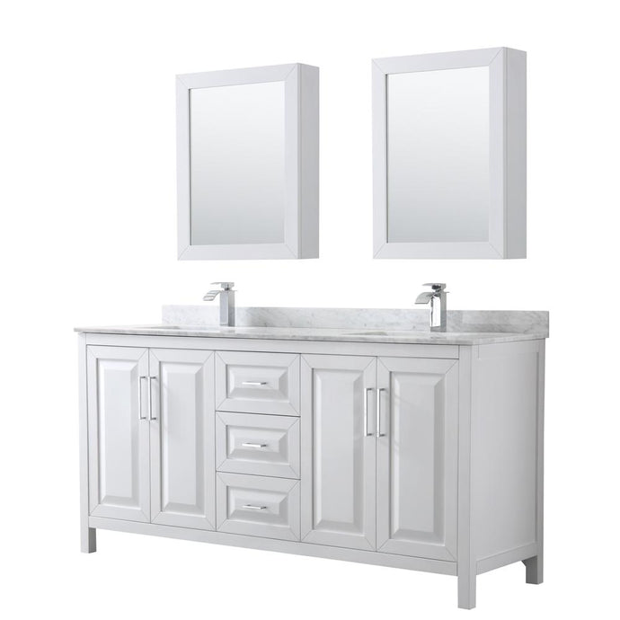 Wyndham Collection Vanity Wyndham Collection WCV252572DWHCMUNSMED Daria 72 Inch Double Bathroom Vanity in White, White Carrara Marble Countertop, Undermount Square Sinks, and Medicine Cabinets