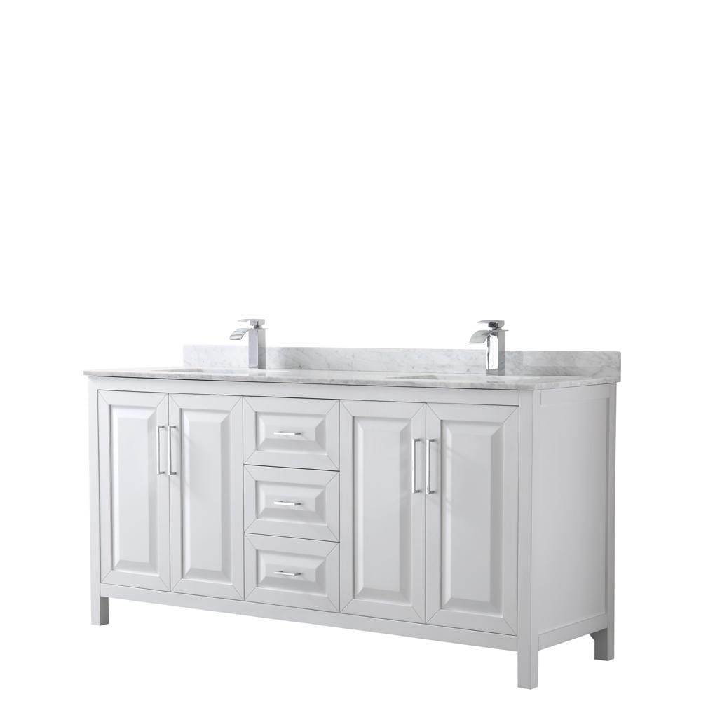 Wyndham Collection Vanity Wyndham Collection WCV252572DWHCMUNSMXX Daria 72 Inch Double Bathroom Vanity in White, White Carrara Marble Countertop, Undermount Square Sinks, and No Mirror