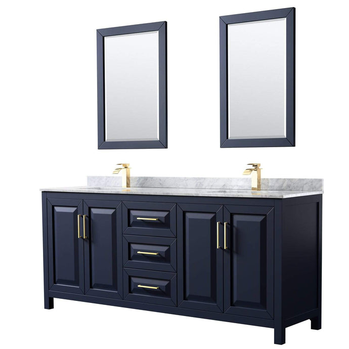 Wyndham Collection Vanity Wyndham Collection WCV252580DBLCMUNSM24 Daria 80 Inch Double Bathroom Vanity in Dark Blue, White Carrara Marble Countertop, Undermount Square Sinks, 24 Inch Mirrors