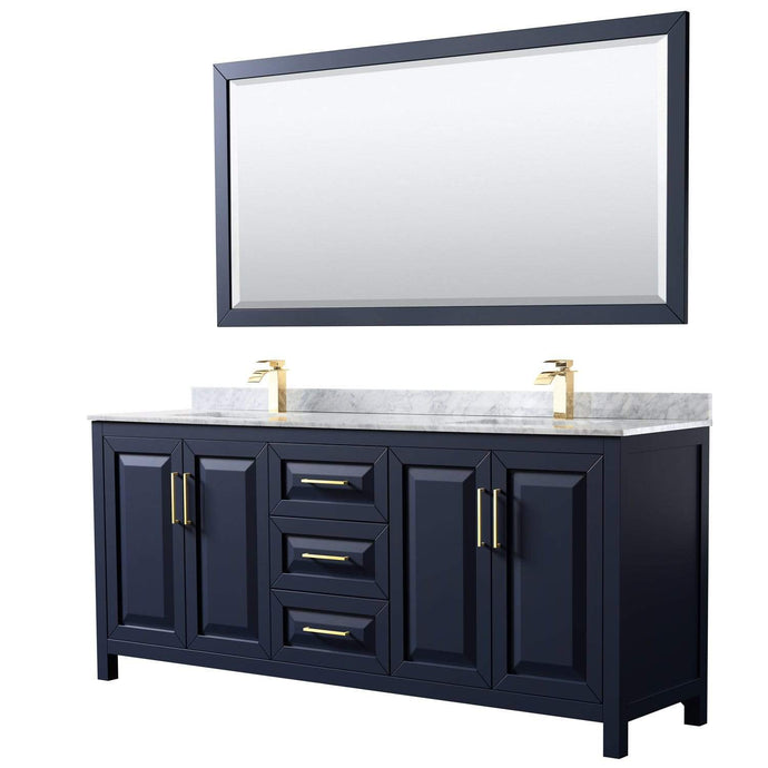Wyndham Collection Vanity Wyndham Collection WCV252580DBLCMUNSM70 Daria 80 Inch Double Bathroom Vanity in Dark Blue, White Carrara Marble Countertop, Undermount Square Sinks, 70 Inch Mirror