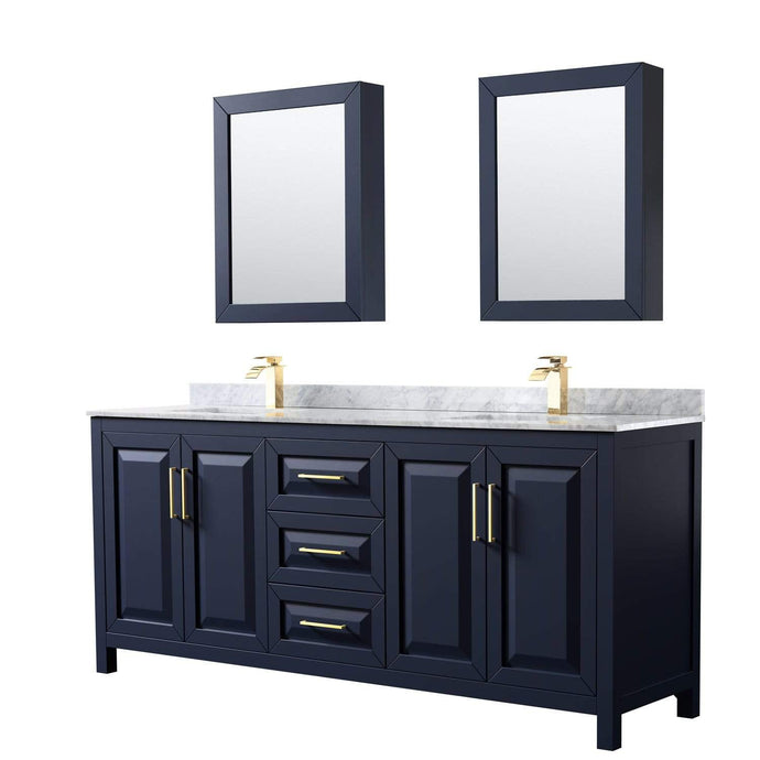 Wyndham Collection Vanity Wyndham Collection WCV252580DBLCMUNSMED Daria 80 Inch Double Bathroom Vanity in Dark Blue, White Carrara Marble Countertop, Undermount Square Sinks, Medicine Cabinets