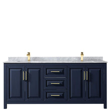 Load image into Gallery viewer, Wyndham Collection Vanity Wyndham Collection WCV252580DBLCMUNSMXX Daria 80 Inch Double Bathroom Vanity in Dark Blue, White Carrara Marble Countertop, Undermount Square Sinks, No Mirror
