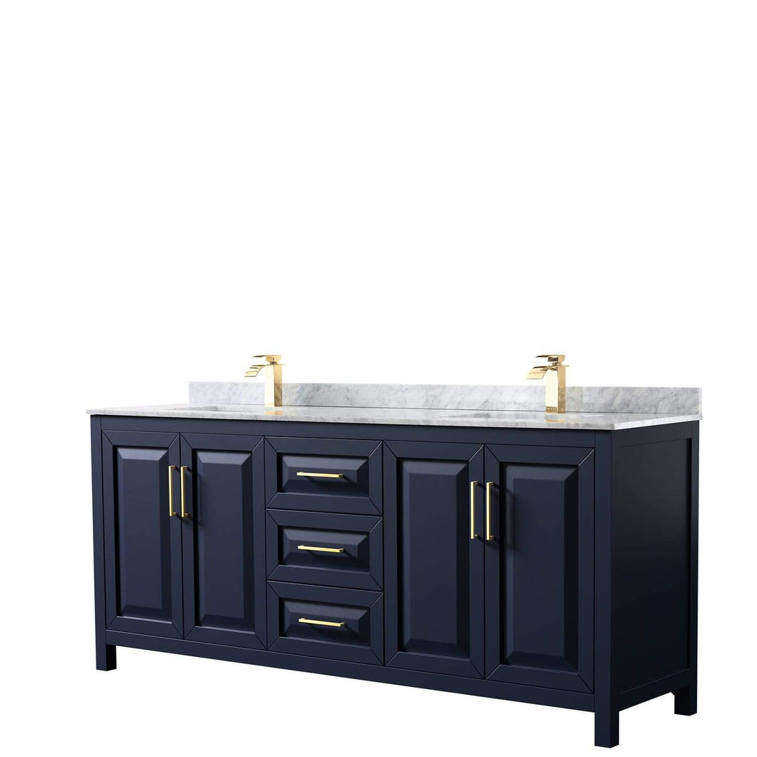 Wyndham Collection Vanity Wyndham Collection WCV252580DBLCMUNSMXX Daria 80 Inch Double Bathroom Vanity in Dark Blue, White Carrara Marble Countertop, Undermount Square Sinks, No Mirror