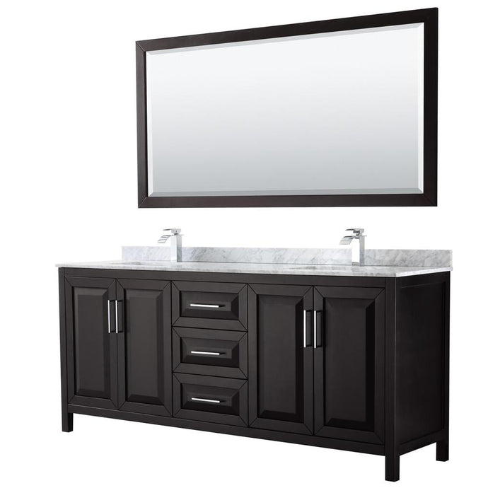 Wyndham Collection Vanity Wyndham Collection WCV252580DDECMUNSM70 Daria 80 Inch Double Bathroom Vanity in Dark Espresso, White Carrara Marble Countertop, Undermount Square Sinks, and 70 Inch Mirror