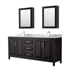 Load image into Gallery viewer, Wyndham Collection Vanity Wyndham Collection WCV252580DDECMUNSMED Daria 80 Inch Double Bathroom Vanity in Dark Espresso, White Carrara Marble Countertop, Undermount Square Sinks, and Medicine Cabinets
