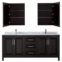 Load image into Gallery viewer, Wyndham Collection Vanity Wyndham Collection WCV252580DDECMUNSMED Daria 80 Inch Double Bathroom Vanity in Dark Espresso, White Carrara Marble Countertop, Undermount Square Sinks, and Medicine Cabinets