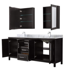 Load image into Gallery viewer, Wyndham Collection Vanity Wyndham Collection WCV252580DDECMUNSMED Daria 80 Inch Double Bathroom Vanity in Dark Espresso, White Carrara Marble Countertop, Undermount Square Sinks, and Medicine Cabinets