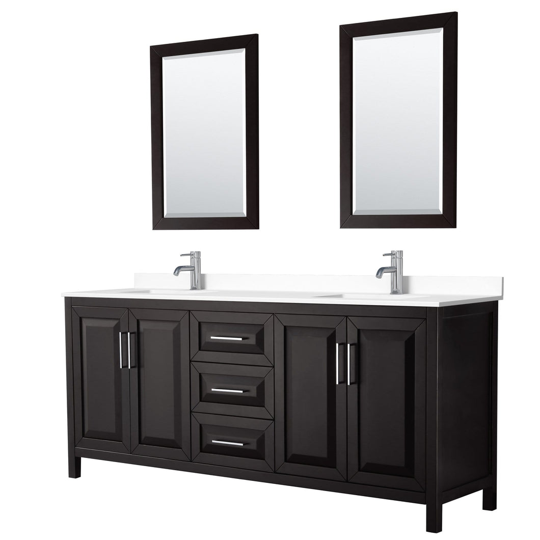 Wyndham Collection Vanity Wyndham Collection WCV252580DDEWCUNSM24 Daria 80 Inch Double Bathroom Vanity in Dark Espresso, White Cultured Marble Countertop, Undermount Square Sinks, 24 Inch Mirrors