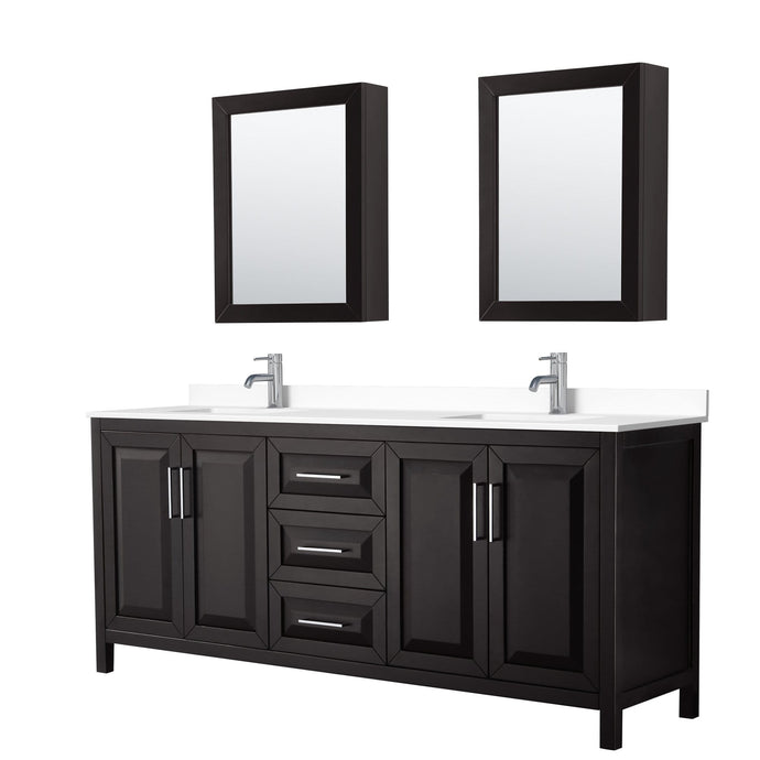 Wyndham Collection Vanity Wyndham Collection WCV252580DDEWCUNSMED Daria 80 Inch Double Bathroom Vanity in Dark Espresso, White Cultured Marble Countertop, Undermount Square Sinks, Medicine Cabinets