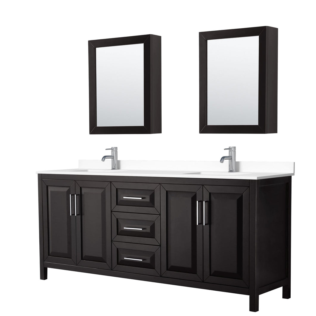 Wyndham Collection Vanity Wyndham Collection WCV252580DDEWCUNSMED Daria 80 Inch Double Bathroom Vanity in Dark Espresso, White Cultured Marble Countertop, Undermount Square Sinks, Medicine Cabinets