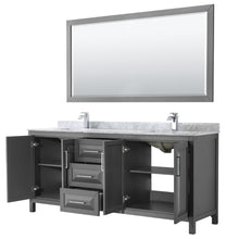 Load image into Gallery viewer, Wyndham Collection Vanity Wyndham Collection WCV252580DKGCMUNSM70 Daria 80 Inch Double Bathroom Vanity in Dark Gray, White Carrara Marble Countertop, Undermount Square Sinks, and 70 Inch Mirror