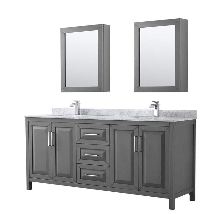 Wyndham Collection Vanity Wyndham Collection WCV252580DKGCMUNSMED Daria 80 Inch Double Bathroom Vanity in Dark Gray, White Carrara Marble Countertop, Undermount Square Sinks, and Medicine Cabinets