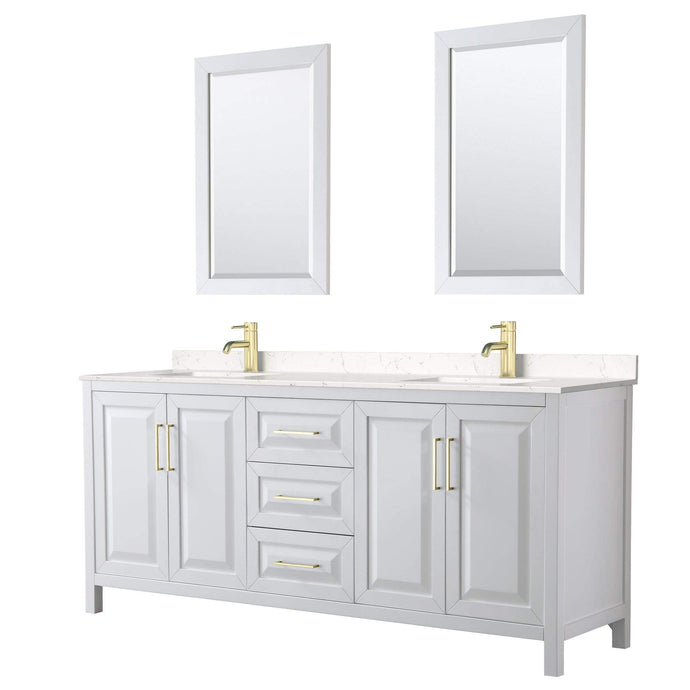 Wyndham Collection Vanity Wyndham Collection WCV252580DWGC2UNSM24 Daria 80 Inch Double Bathroom Vanity in White, Light-Vein Carrara Cultured Marble Countertop, Undermount Square Sinks, 24 Inch Mirrors, Brushed Gold Trim