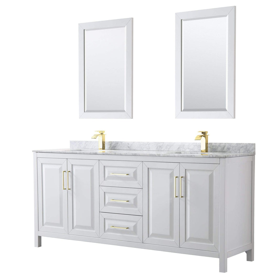 Wyndham Collection Vanity Wyndham Collection WCV252580DWGCMUNSM24 Daria 80 Inch Double Bathroom Vanity in White, White Carrara Marble Countertop, Undermount Square Sinks, 24 Inch Mirrors, Brushed Gold Trim