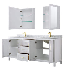 Load image into Gallery viewer, Wyndham Collection Vanity Wyndham Collection WCV252580DWGCMUNSMED Daria 80 Inch Double Bathroom Vanity in White, White Carrara Marble Countertop, Undermount Square Sinks, Medicine Cabinets, Brushed Gold Trim