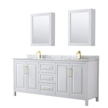 Load image into Gallery viewer, Wyndham Collection Vanity Wyndham Collection WCV252580DWGCMUNSMED Daria 80 Inch Double Bathroom Vanity in White, White Carrara Marble Countertop, Undermount Square Sinks, Medicine Cabinets, Brushed Gold Trim