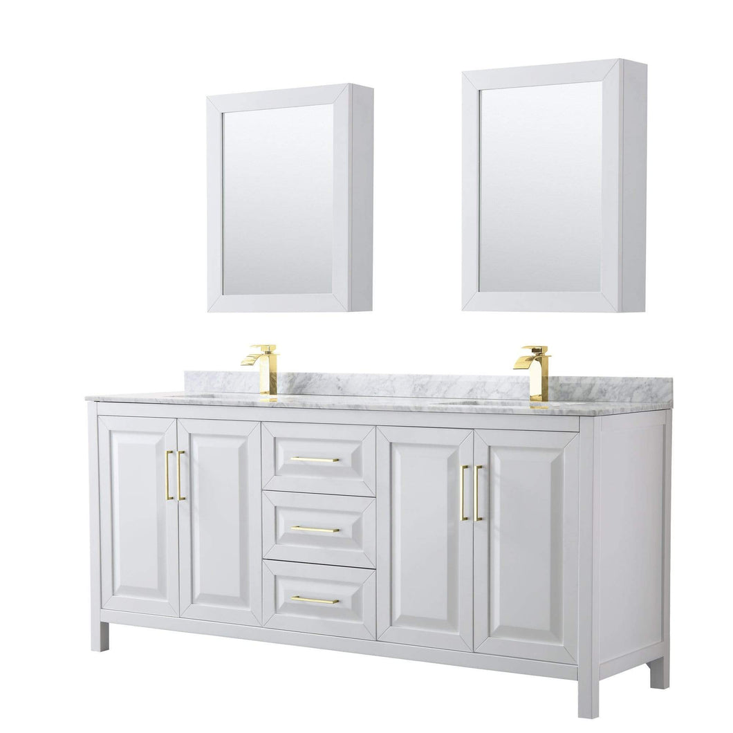 Wyndham Collection Vanity Wyndham Collection WCV252580DWGCMUNSMED Daria 80 Inch Double Bathroom Vanity in White, White Carrara Marble Countertop, Undermount Square Sinks, Medicine Cabinets, Brushed Gold Trim