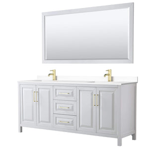 Wyndham Collection Vanity Wyndham Collection WCV252580DWGWCUNSM70 Daria 80 Inch Double Bathroom Vanity in White, White Cultured Marble Countertop, Undermount Square Sinks, 70 Inch Mirror, Brushed Gold Trim